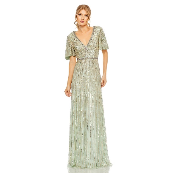 Embellished V Neck Butterfly Sleeve Column Gown $498. Seamist green - Picture 1 of 4